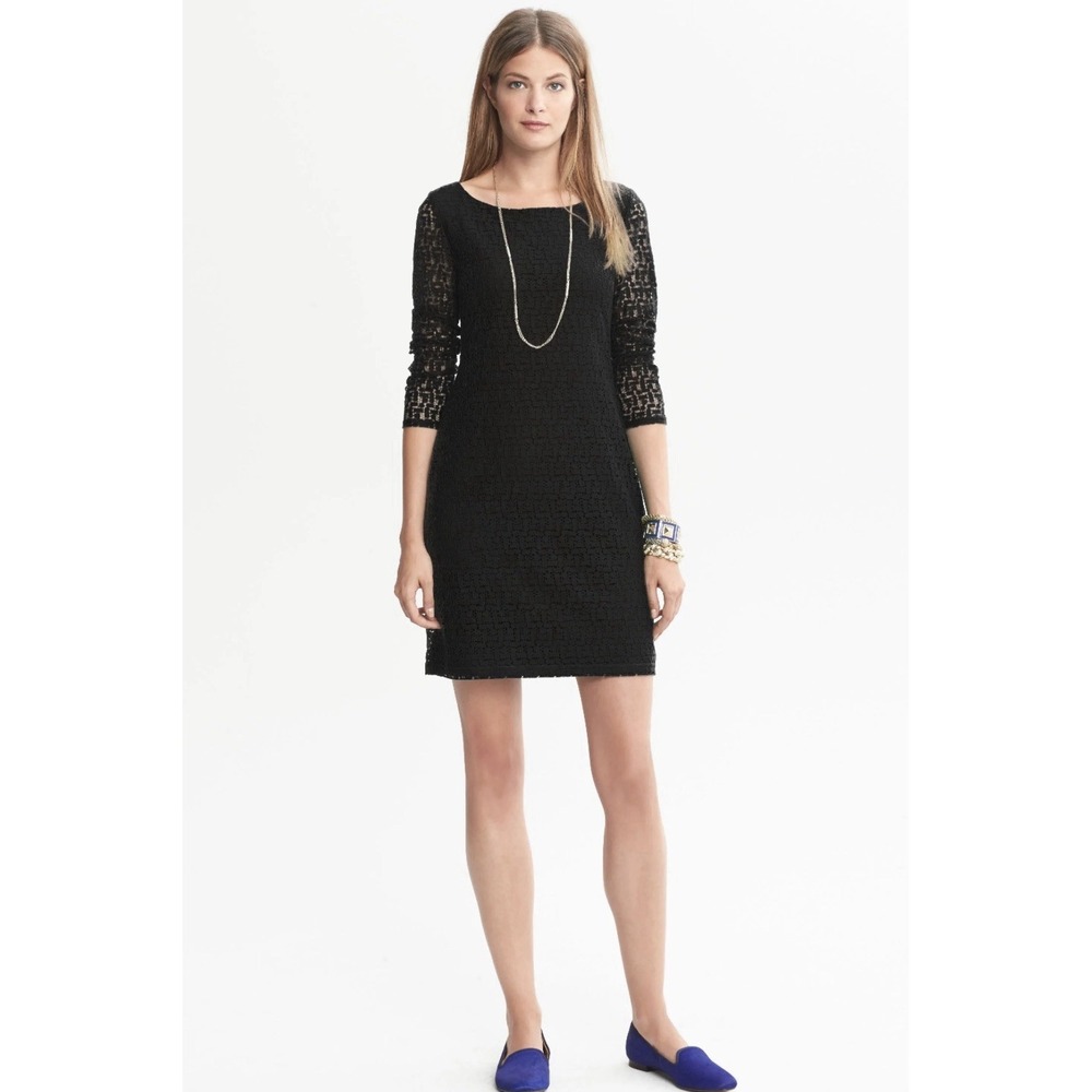 Banana Republic Women's Black Lace Sheath Dress 3/4 Sleeves Size 6P New $130